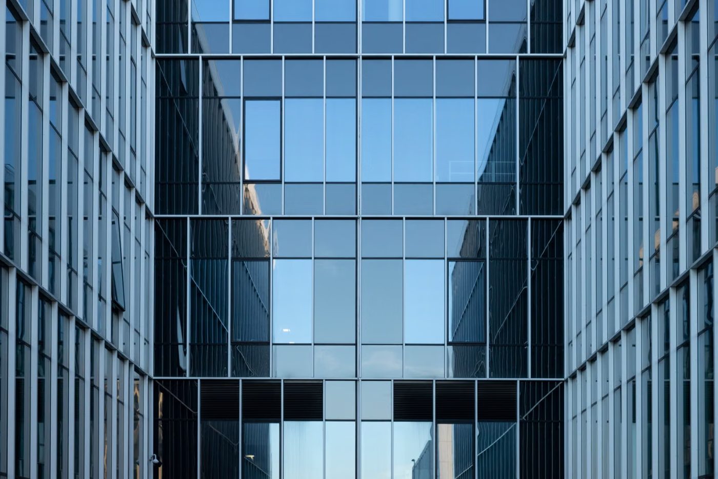 Reflective glass facade of a city office building